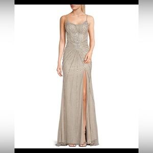 Scoop neck illusion back slit hem beaded glitter long dress.